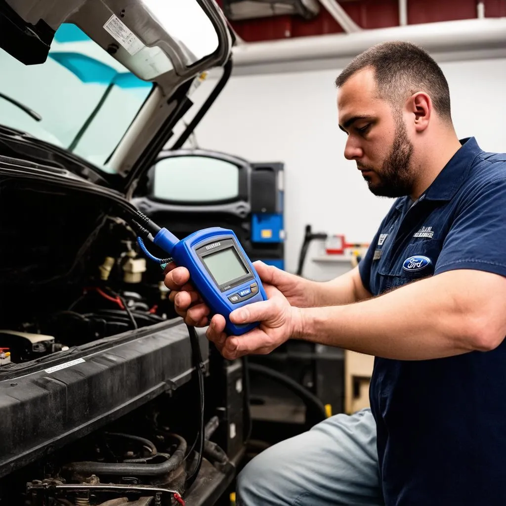 Mechanic using a diagnostic scanner on a Ford Ranger